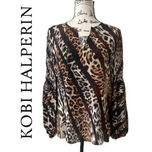 KOBI HALPERIN BLOUSE SILK FALLON MIX LEOPARD-PRINT SZ S EMBELLISHED AESTHETIC